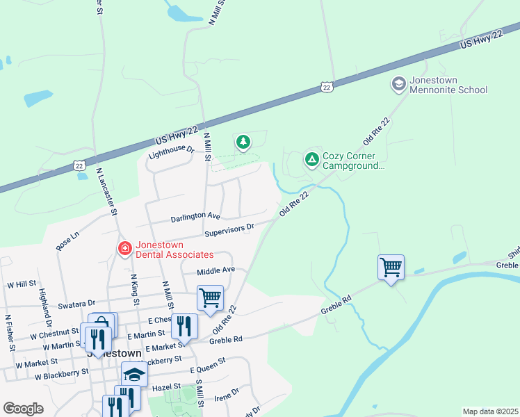 map of restaurants, bars, coffee shops, grocery stores, and more near 509 Darlington Avenue in Jonestown