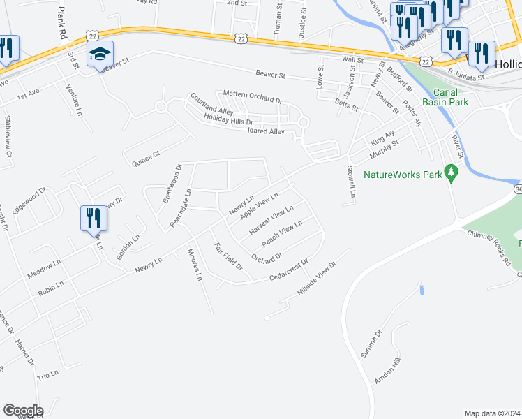 map of restaurants, bars, coffee shops, grocery stores, and more near 621 Apple View Lane in Duncansville
