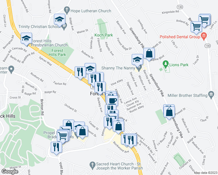 map of restaurants, bars, coffee shops, grocery stores, and more near in Forest Hills