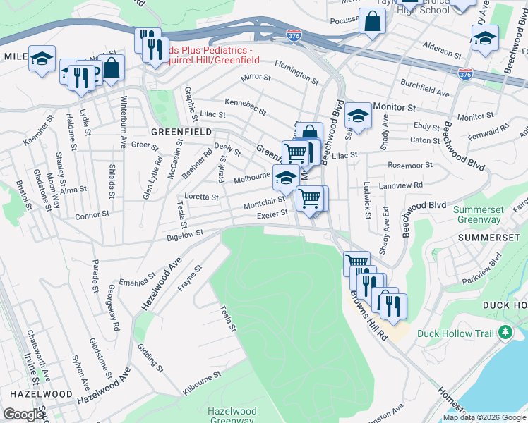map of restaurants, bars, coffee shops, grocery stores, and more near 730 Montclair Street in Pittsburgh