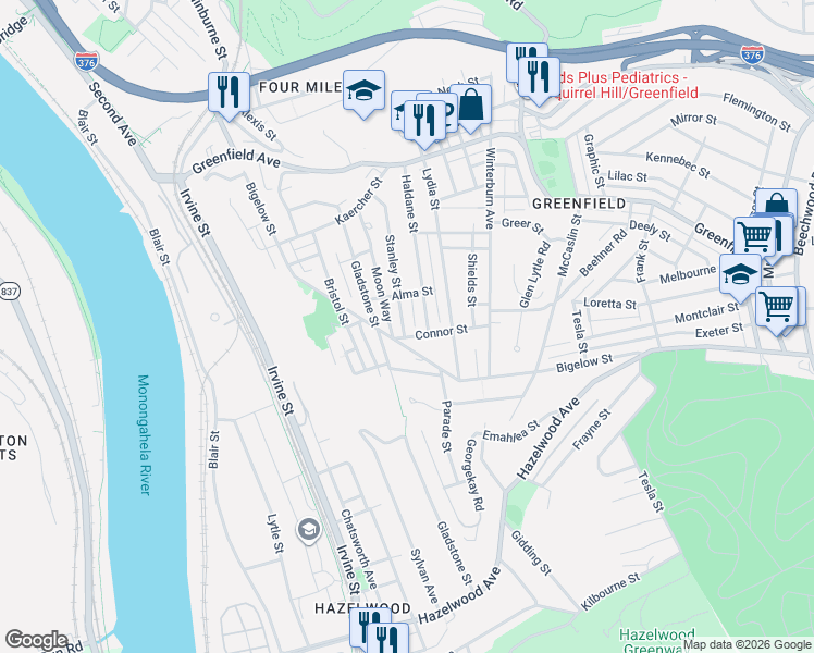 map of restaurants, bars, coffee shops, grocery stores, and more near 4334 Haldane Street in Pittsburgh