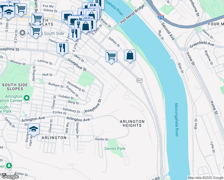 map of restaurants, bars, coffee shops, grocery stores, and more near 3250 Mary Street in Pittsburgh