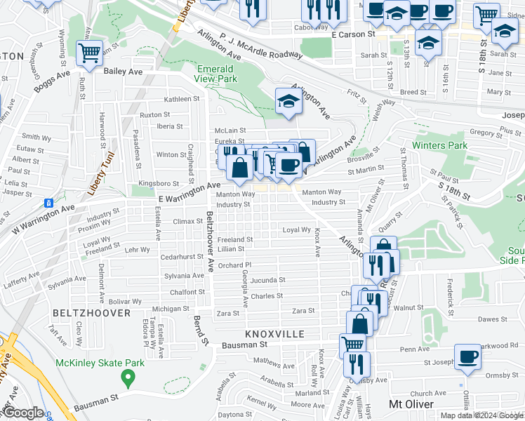 map of restaurants, bars, coffee shops, grocery stores, and more near 209 Allen Street in Pittsburgh