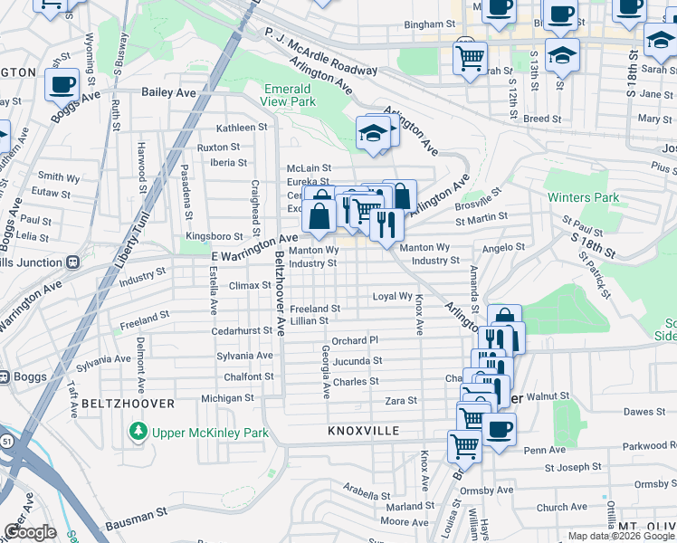 map of restaurants, bars, coffee shops, grocery stores, and more near 210 Walter Street in Pittsburgh