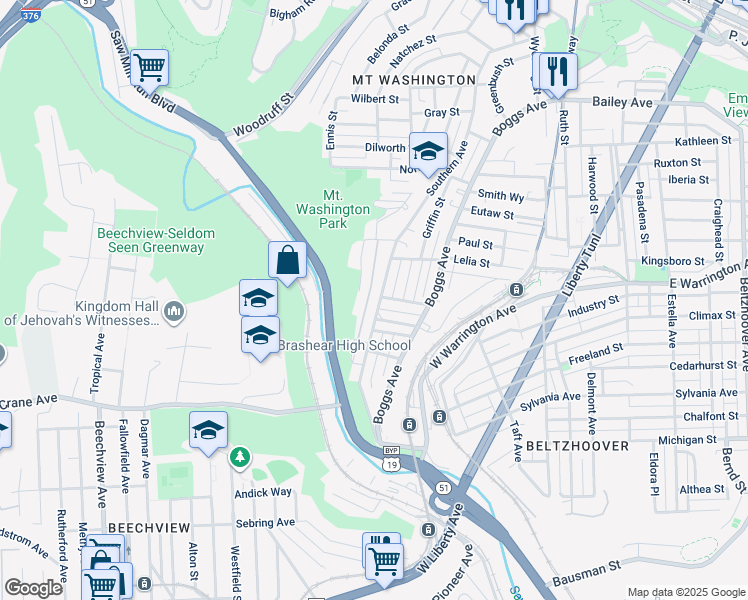 map of restaurants, bars, coffee shops, grocery stores, and more near 650 Southern Avenue in Pittsburgh