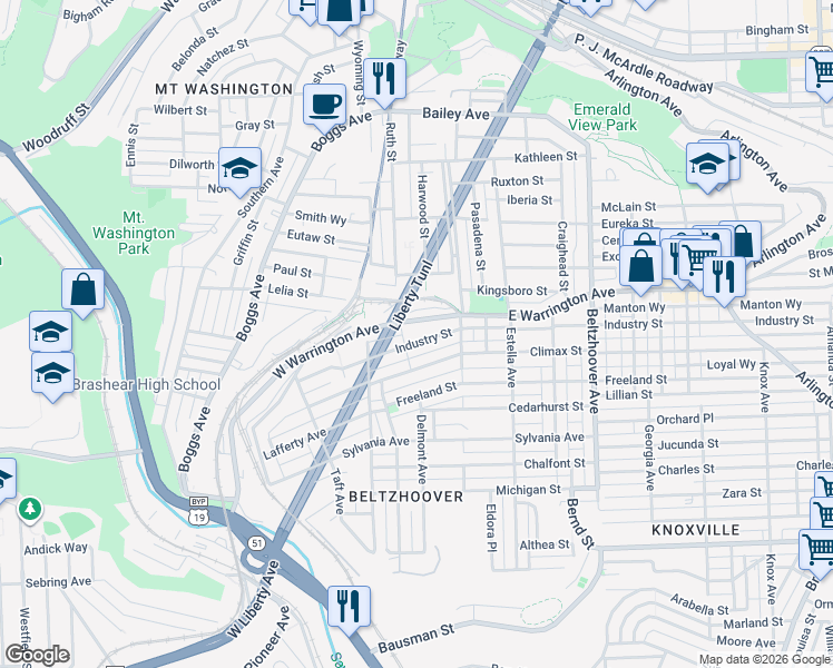 map of restaurants, bars, coffee shops, grocery stores, and more near 213 Industry Street in Pittsburgh
