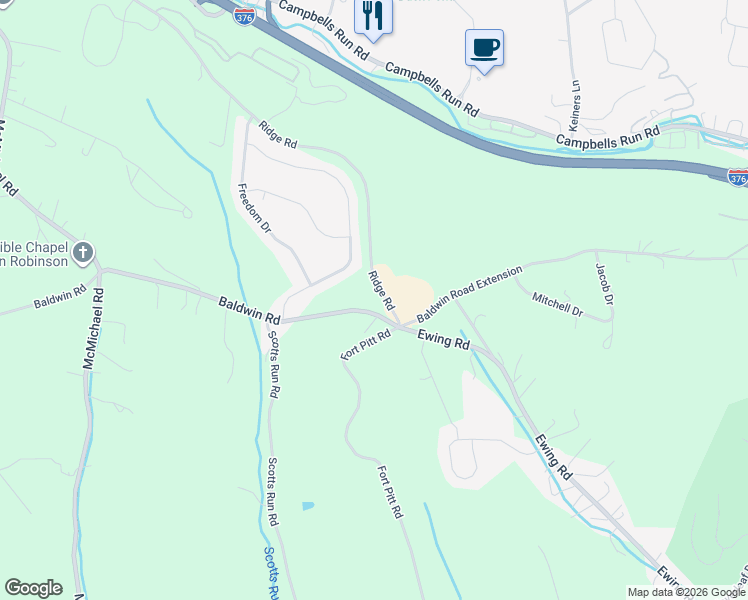 map of restaurants, bars, coffee shops, grocery stores, and more near 134 Baldwin Road in Carnegie