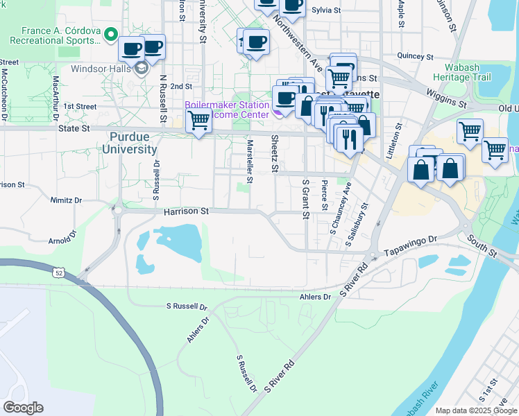 map of restaurants, bars, coffee shops, grocery stores, and more near 532 Harrison Street in West Lafayette