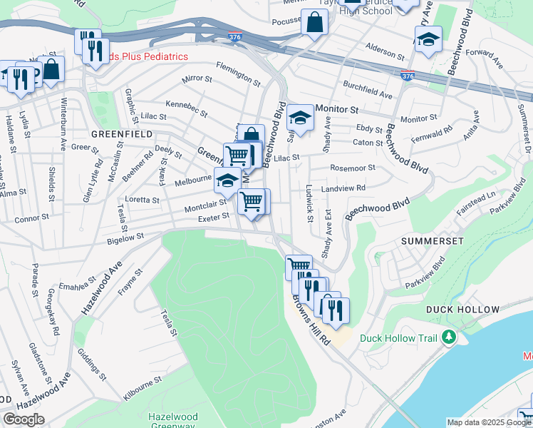 map of restaurants, bars, coffee shops, grocery stores, and more near 3423 Beechwood Boulevard in Pittsburgh