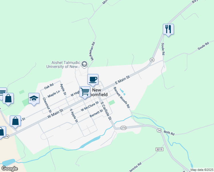 map of restaurants, bars, coffee shops, grocery stores, and more near 40 East Main Street in New Bloomfield