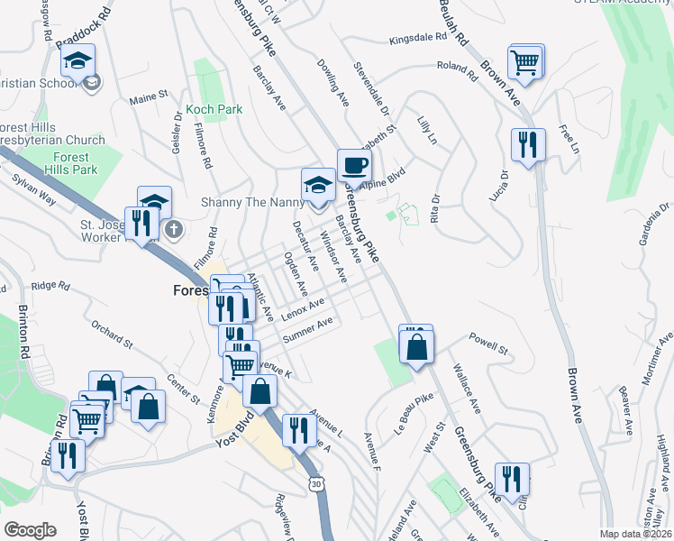 map of restaurants, bars, coffee shops, grocery stores, and more near 531 Windsor Avenue in Pittsburgh
