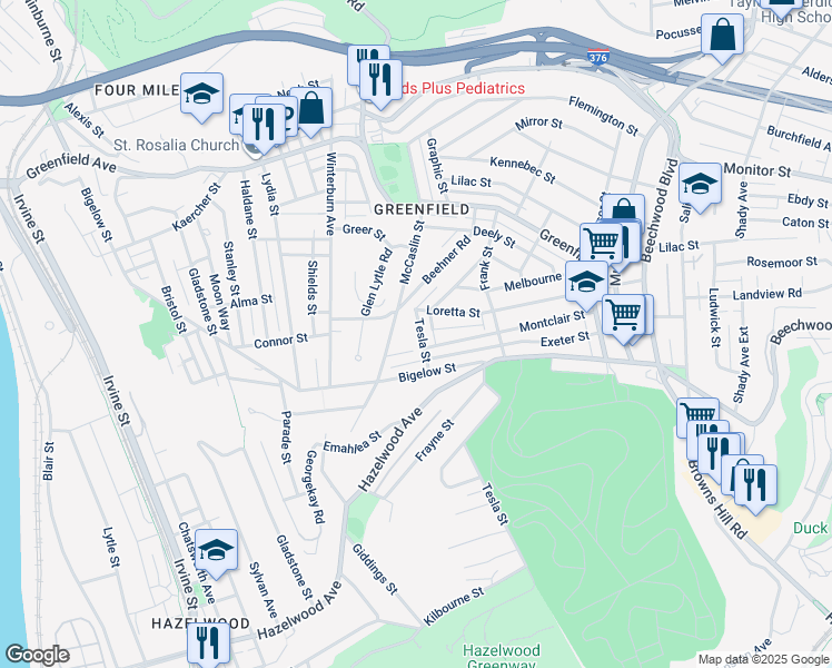 map of restaurants, bars, coffee shops, grocery stores, and more near 4322 Tesla Street in Pittsburgh