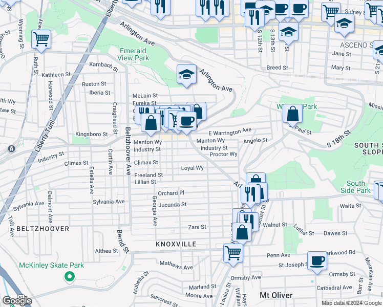 map of restaurants, bars, coffee shops, grocery stores, and more near 841 Proctor Way in Pittsburgh