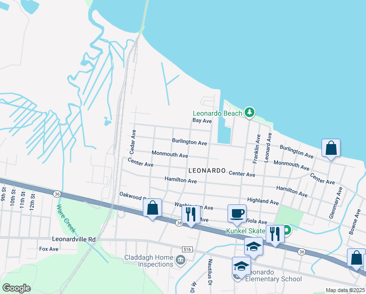 map of restaurants, bars, coffee shops, grocery stores, and more near 395 Monmouth Avenue in Middletown Township