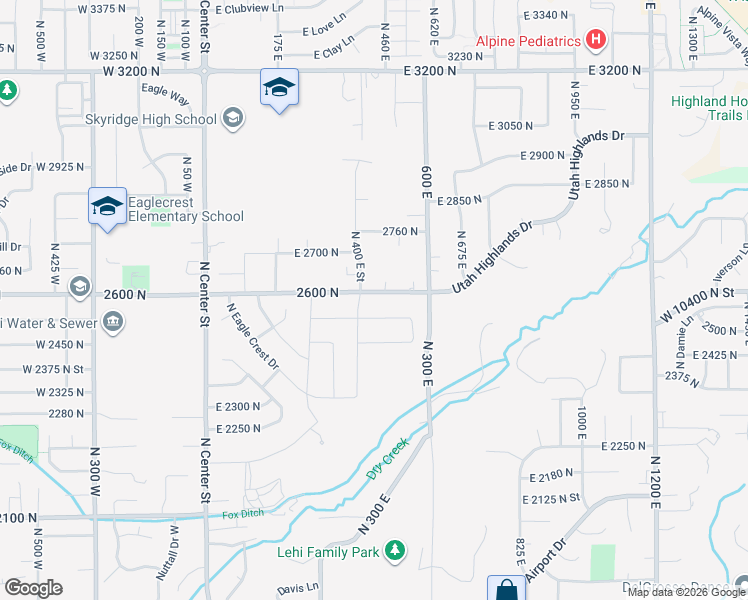 map of restaurants, bars, coffee shops, grocery stores, and more near 432 East 2600 North in Lehi