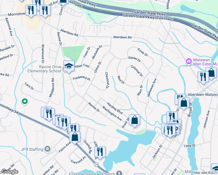 map of restaurants, bars, coffee shops, grocery stores, and more near 24 Chestnut Drive in Matawan