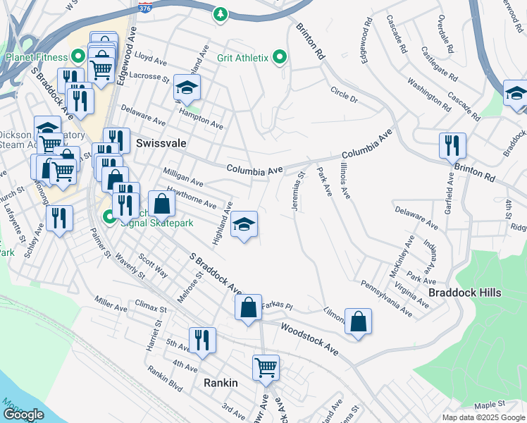 map of restaurants, bars, coffee shops, grocery stores, and more near 7698 Evans Street in Pittsburgh