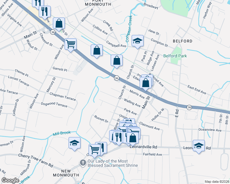 map of restaurants, bars, coffee shops, grocery stores, and more near 1 Crab Apple Lane in Belford