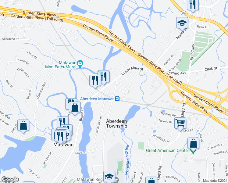 map of restaurants, bars, coffee shops, grocery stores, and more near 27 Atlantic Avenue in Matawan
