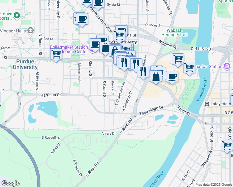 map of restaurants, bars, coffee shops, grocery stores, and more near 249 South Chauncey Avenue in West Lafayette