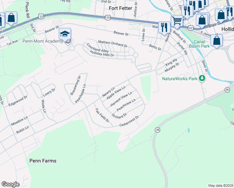 map of restaurants, bars, coffee shops, grocery stores, and more near 621 Apple View Lane in Duncansville