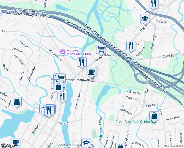 map of restaurants, bars, coffee shops, grocery stores, and more near 1000-5000 Schindler Drive in Matawan