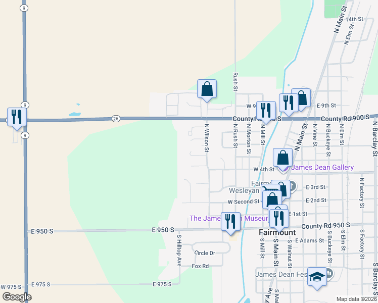 map of restaurants, bars, coffee shops, grocery stores, and more near 555 North Wilson Street in Fairmount