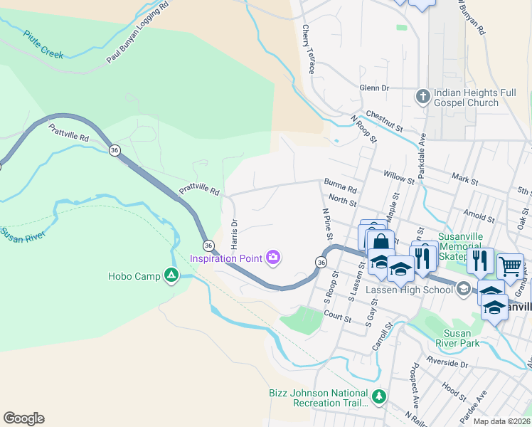 map of restaurants, bars, coffee shops, grocery stores, and more near 65 Cook Street in Susanville