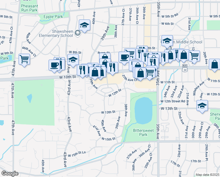map of restaurants, bars, coffee shops, grocery stores, and more near 36 West 11th Street in Greeley