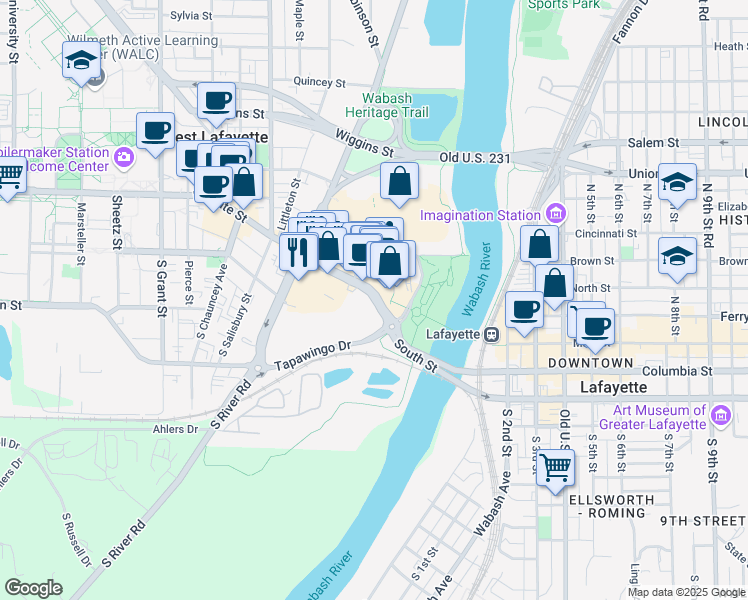map of restaurants, bars, coffee shops, grocery stores, and more near 305 East State Street in West Lafayette
