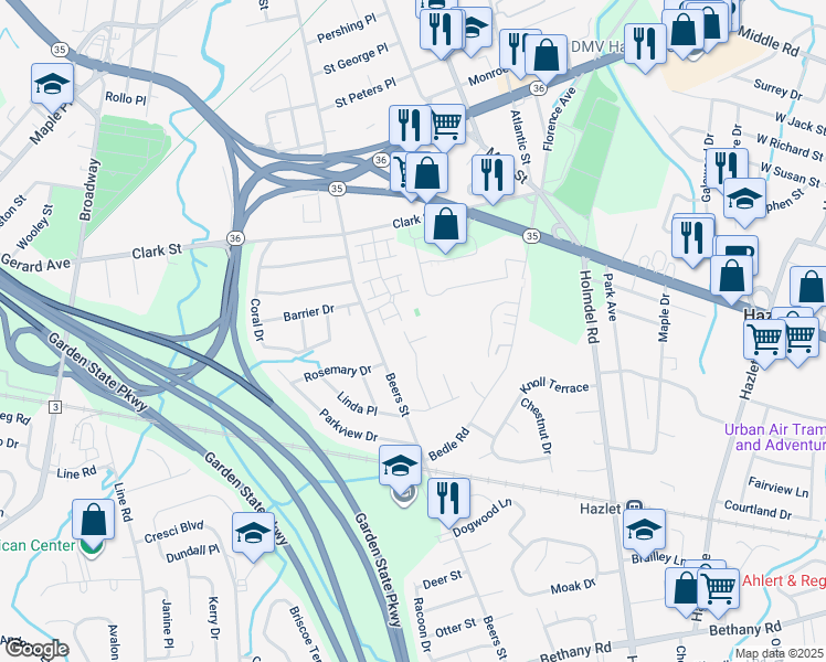 map of restaurants, bars, coffee shops, grocery stores, and more near 1 Windflower Lane in Hazlet