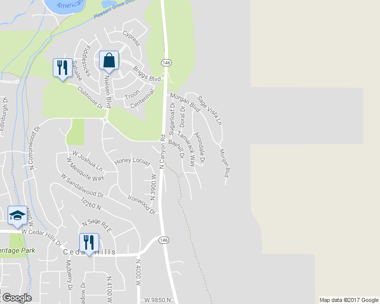map of restaurants, bars, coffee shops, grocery stores, and more near 10373 Tamarack Way in Cedar Hills