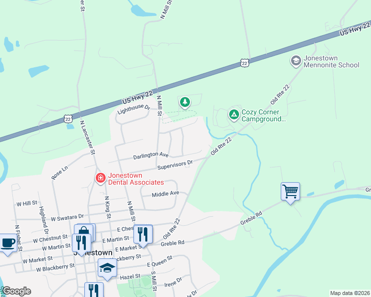 map of restaurants, bars, coffee shops, grocery stores, and more near 2 Oldfield Avenue in Jonestown
