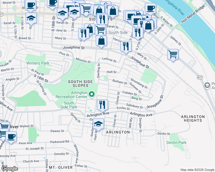 map of restaurants, bars, coffee shops, grocery stores, and more near 2334 Wellington Street in Pittsburgh