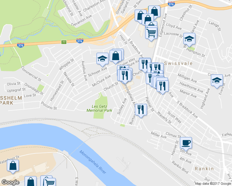 map of restaurants, bars, coffee shops, grocery stores, and more near 1926 Monroe Street in Pittsburgh