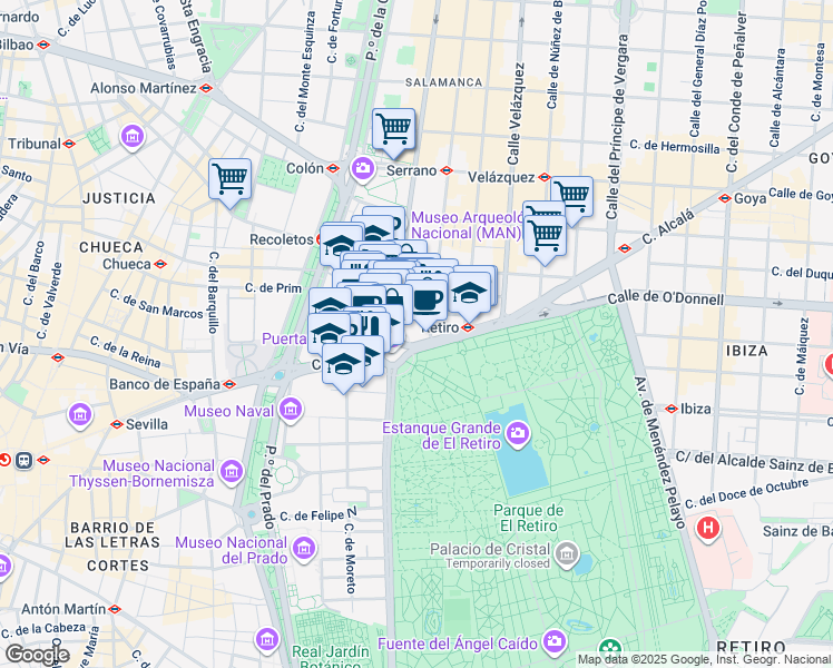 map of restaurants, bars, coffee shops, grocery stores, and more near 6 Plaza de la Independencia in Madrid