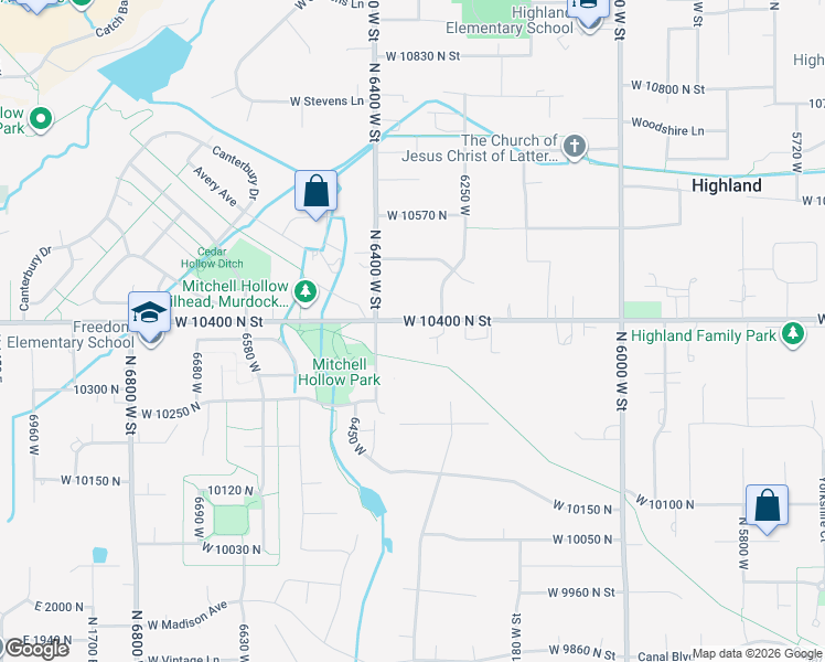 map of restaurants, bars, coffee shops, grocery stores, and more near 6347 West 10400 North Street in Highland