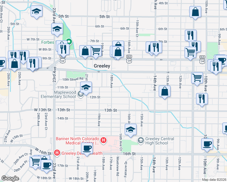 map of restaurants, bars, coffee shops, grocery stores, and more near 1110 18th Avenue in Greeley