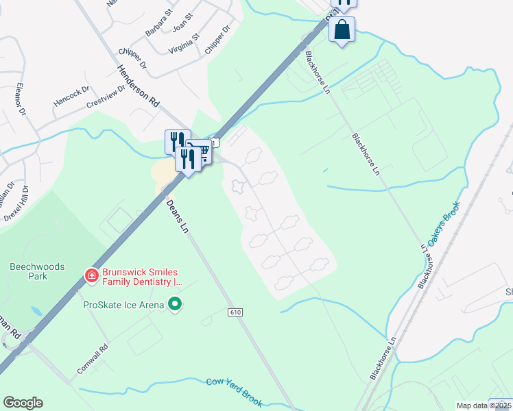 map of restaurants, bars, coffee shops, grocery stores, and more near 106 Royal Oaks Court in South Brunswick Township