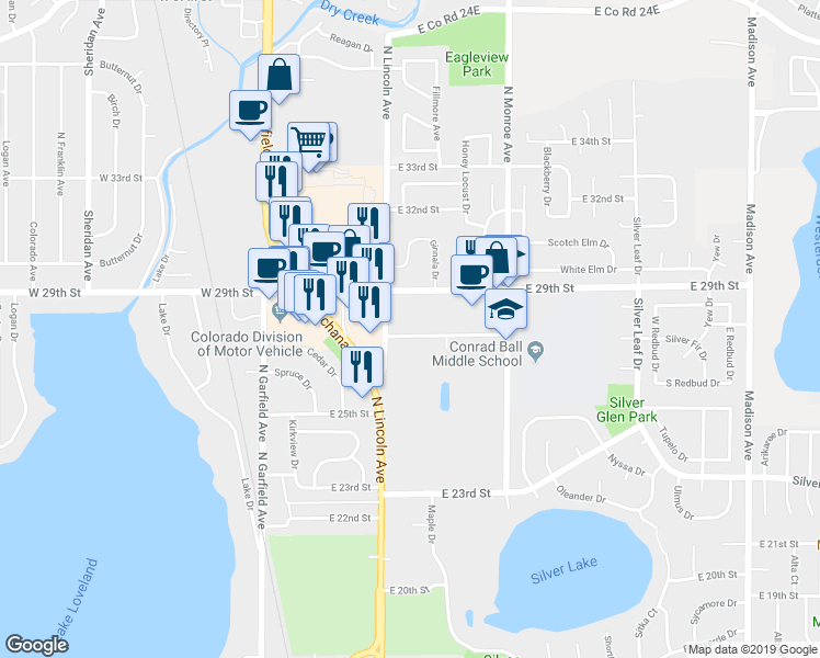 map of restaurants, bars, coffee shops, grocery stores, and more near 345 East 27th Street in Loveland