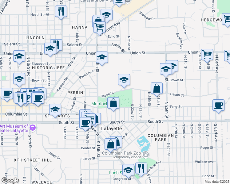 map of restaurants, bars, coffee shops, grocery stores, and more near 2300 Cason Street in Lafayette