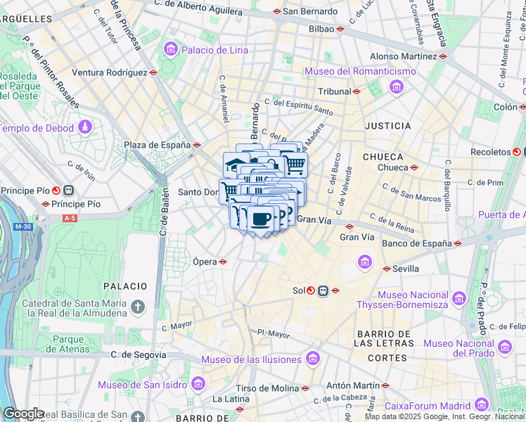 map of restaurants, bars, coffee shops, grocery stores, and more near 43 Gran Vía in Madrid