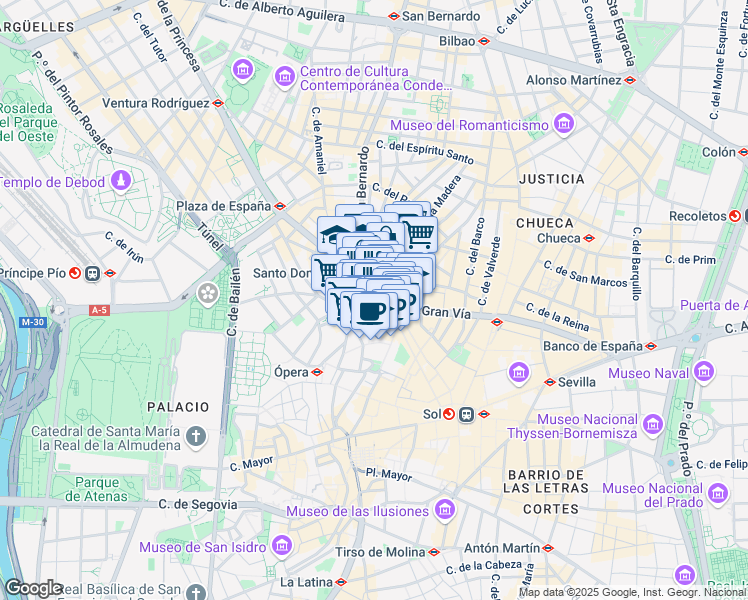 map of restaurants, bars, coffee shops, grocery stores, and more near 43 Gran Vía in Madrid