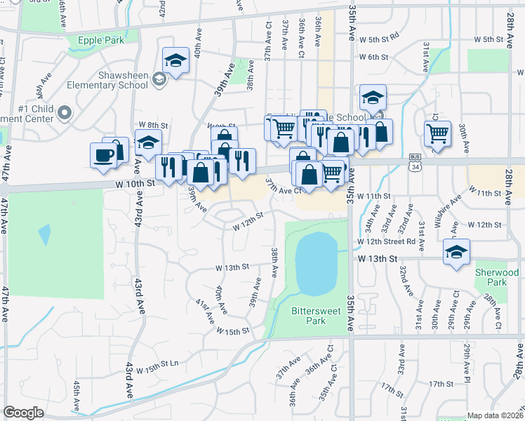 map of restaurants, bars, coffee shops, grocery stores, and more near 3805 West 11th Street in Greeley