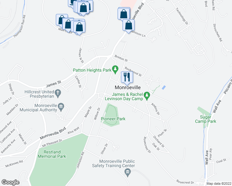 map of restaurants, bars, coffee shops, grocery stores, and more near 217 Poplar Street in Monroeville