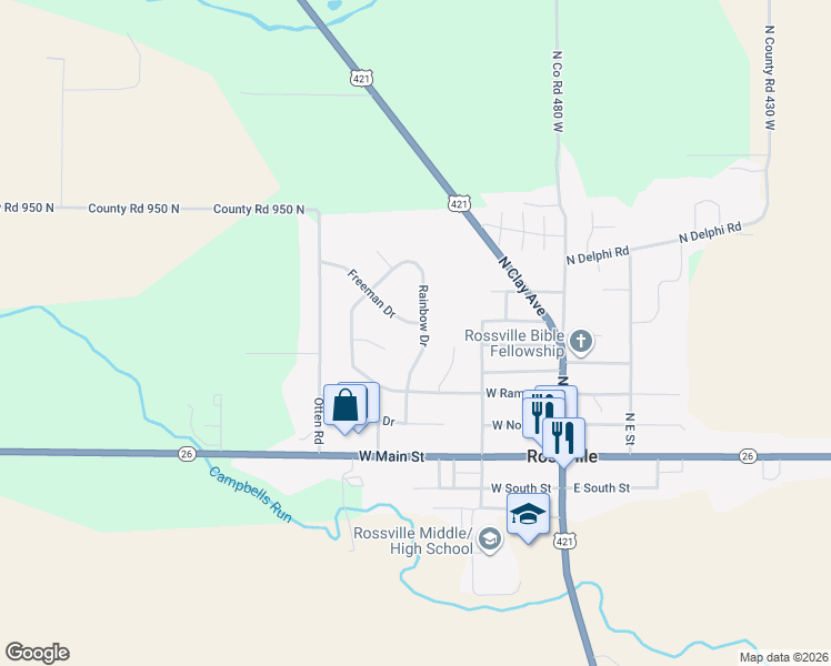map of restaurants, bars, coffee shops, grocery stores, and more near 24 Freeman Drive in Rossville