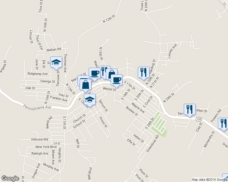 map of restaurants, bars, coffee shops, grocery stores, and more near 220 Wetzel Street in Weirton