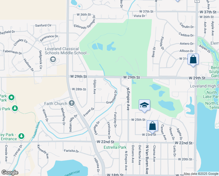 map of restaurants, bars, coffee shops, grocery stores, and more near 2767 Greenland Drive in Loveland