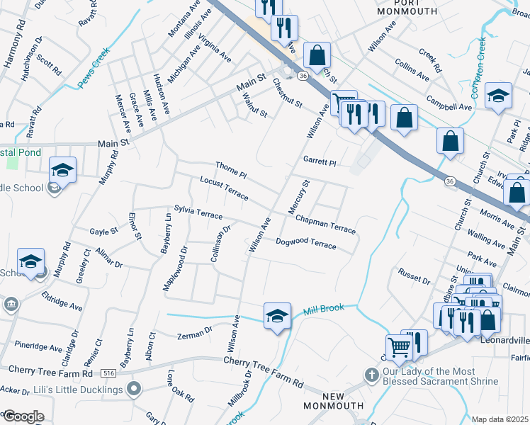map of restaurants, bars, coffee shops, grocery stores, and more near 2 Locust Terrace in Middletown