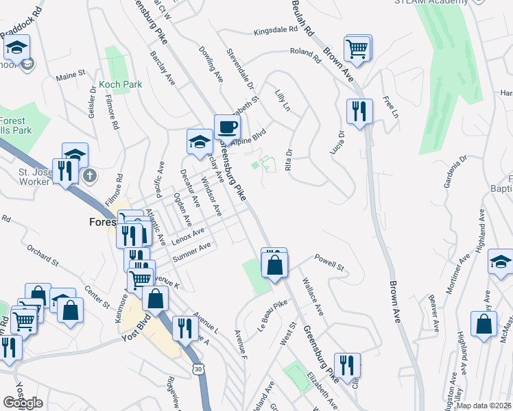 map of restaurants, bars, coffee shops, grocery stores, and more near 711 Lenox Avenue in Pittsburgh